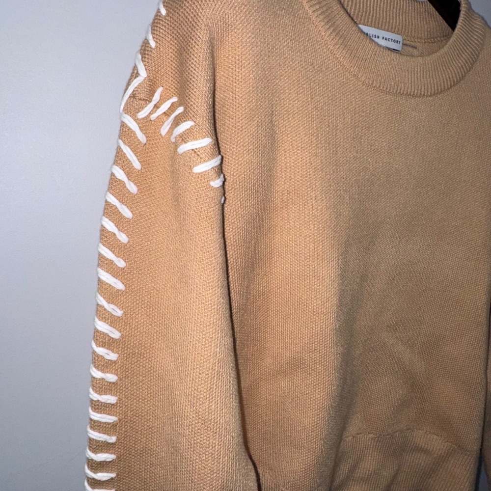 English Factory Whip Contrast Stitch Sweater Camel Relaxed Fit Long Sleeve Sz S - Picture 9 of 16